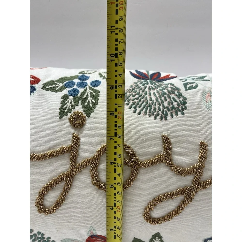 Christmas Throw Pillow Joy Beaded Embroidery White Gold Green Red Tassels 17x9.5